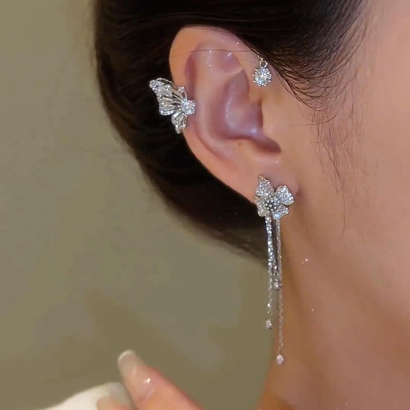 DOLLESS Butterfly Flower Tassel Ear Cuffs Earrings Rhinestone Butterfly Flower Ear Wrap No Piercing Earrings for Women - Image 4